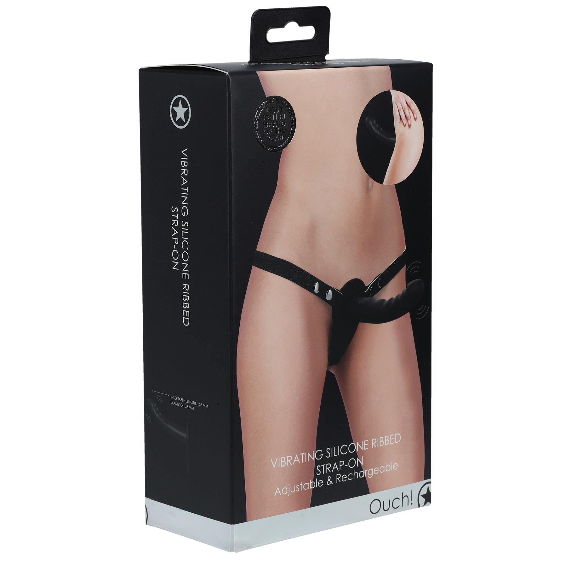 Ouch! – Vibrating – Rechrgeable – 10 Speed Silicone Ribbed Strap-On – Adjustable – Black